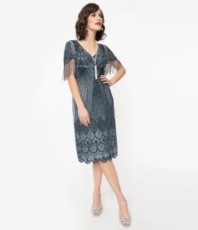 1920s Blue Grey Beaded Marta Flapper Dress