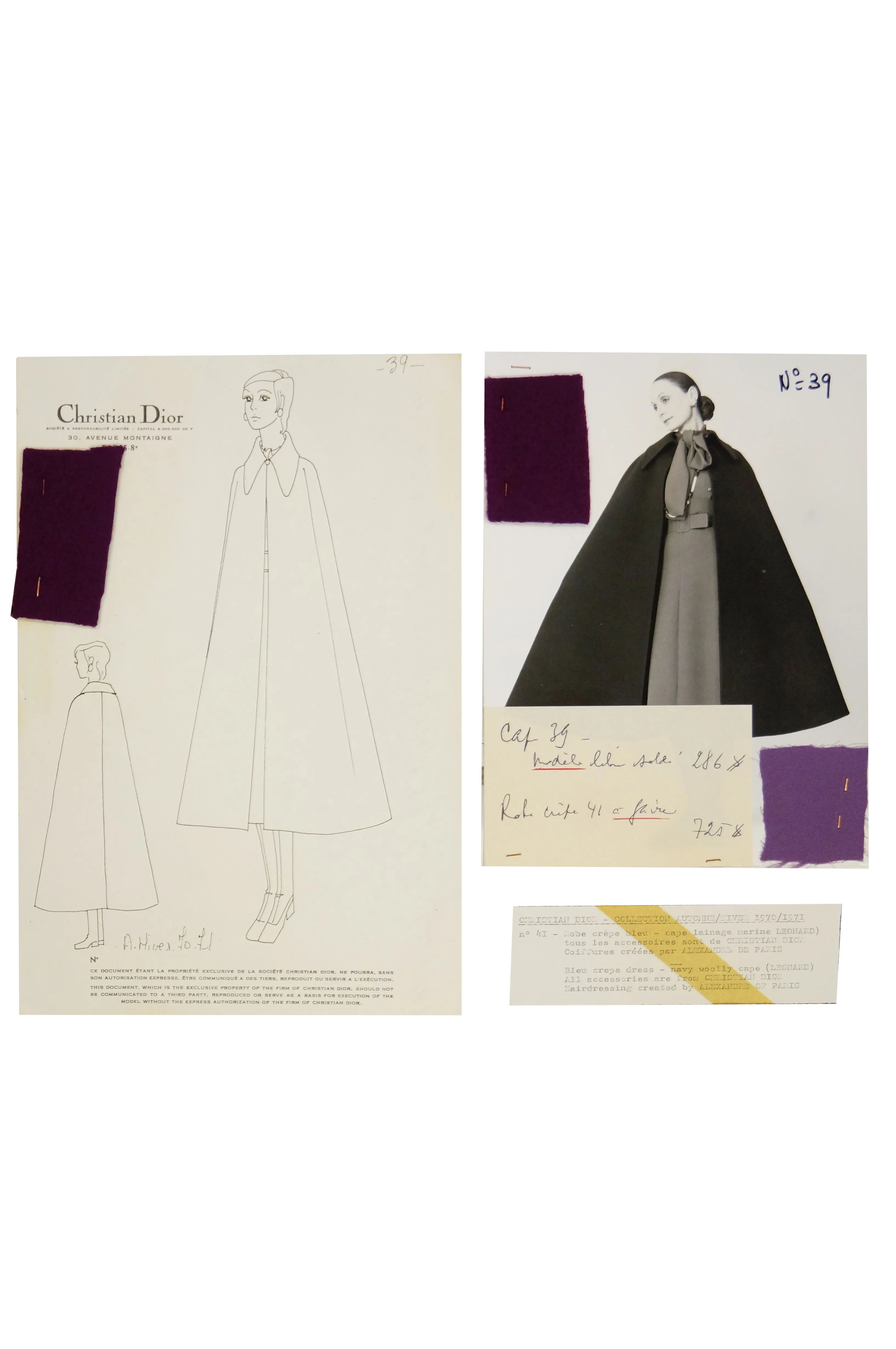 1971 Christian Dior Marc Bohan Plum Wool Cape W/ Croquis and Photo