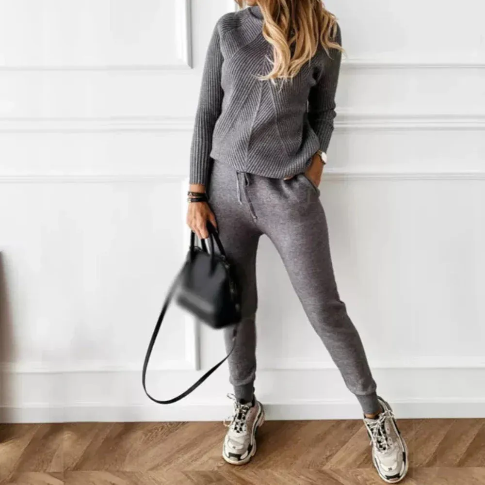 2-Piece Knitted Cross Striped Turtleneck and Sweatpants Set