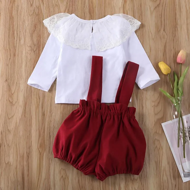 2-piece Lace Lapel Collar & Dungarees for Baby Girl Wholesale children's clothing