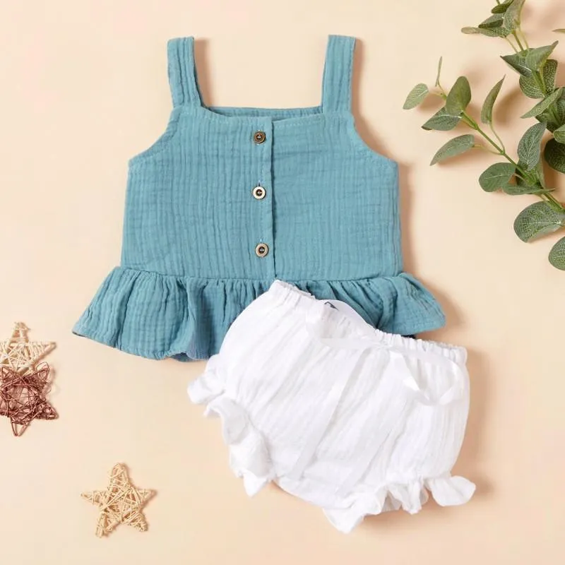 2-piece Solid Sling Tops & Shorts for Baby Girl Wholesale children's clothing