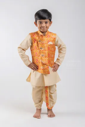 2 Set Pant Designer Kurta For Baby Boys With Orange Overcoat