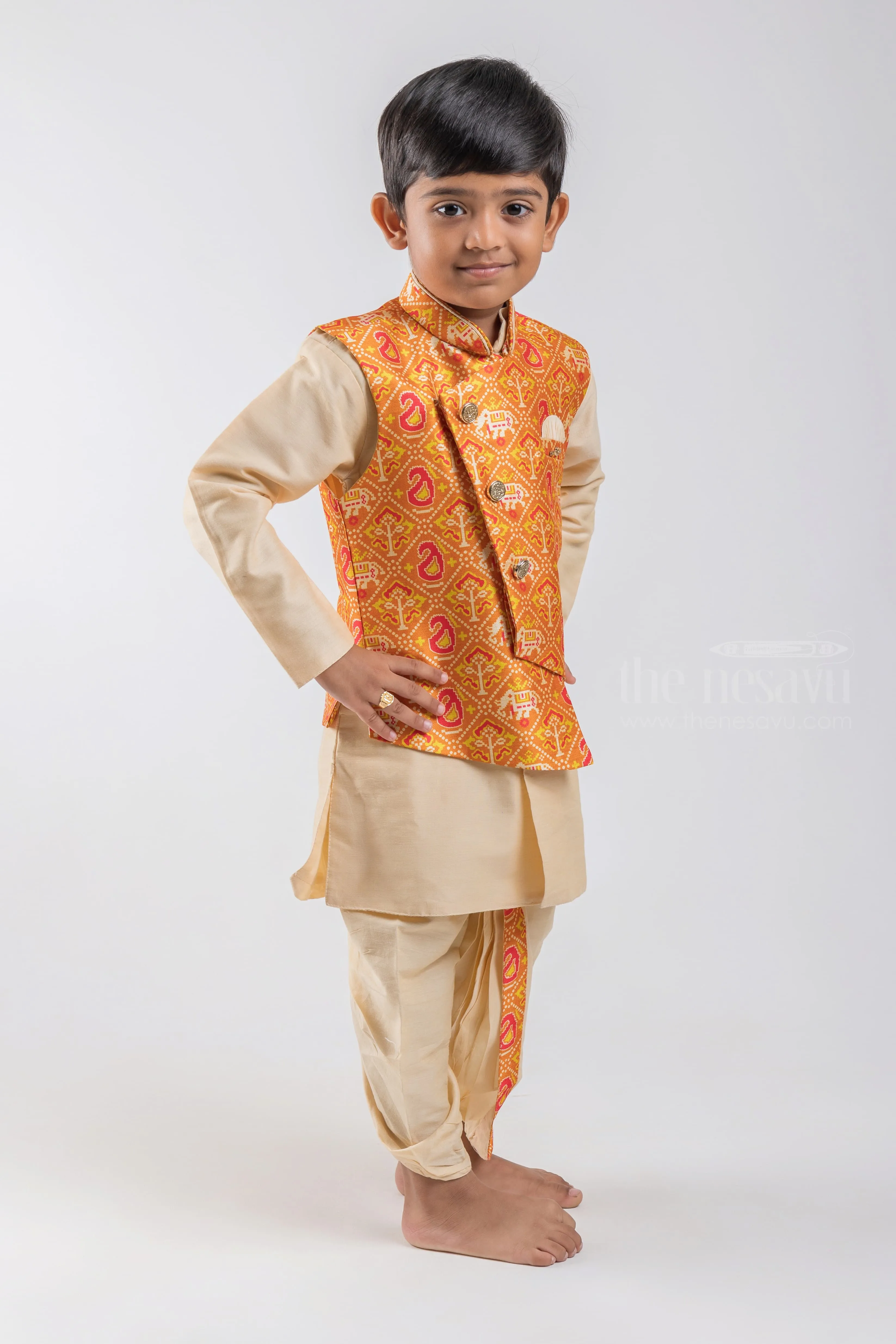 2 Set Pant Designer Kurta For Baby Boys With Orange Overcoat