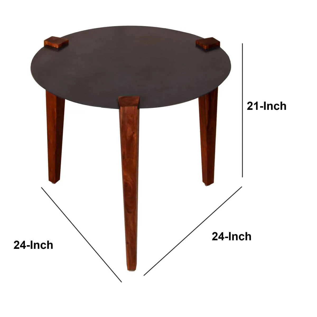 20 Inches Round Metal Top Side End Table With Tapered Legs, Brown And Black By Benzara