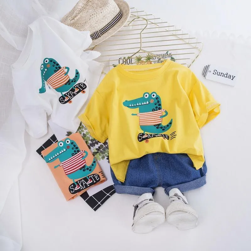 2PCS Casual Cartoon Dinosaur Print  Top and Pants