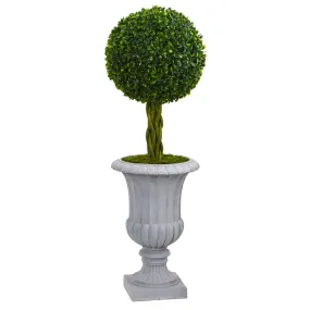 3' Artificial Braided Boxwood Topiary Tree in Gray Urn UV Resistant (Indoor/Outdoor) - Low Maintenance, Life-Like & Vibrant Silk Trees For Busy People.