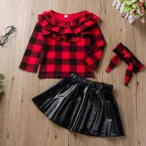 3-piece Plaid Pattern clothes & Short skirt & Headband for Children  Girl