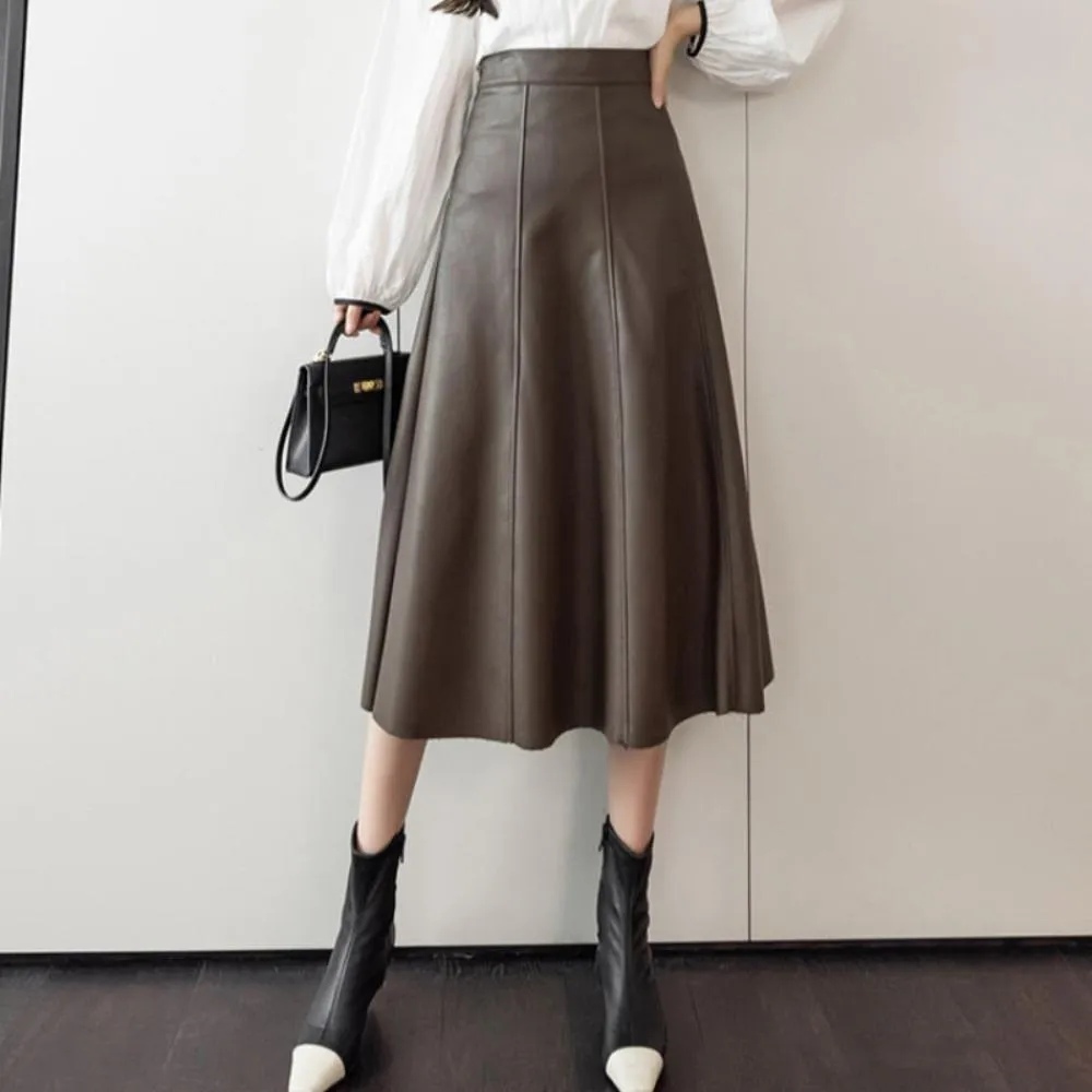 A-line Leather Splicing High Waist Skirt