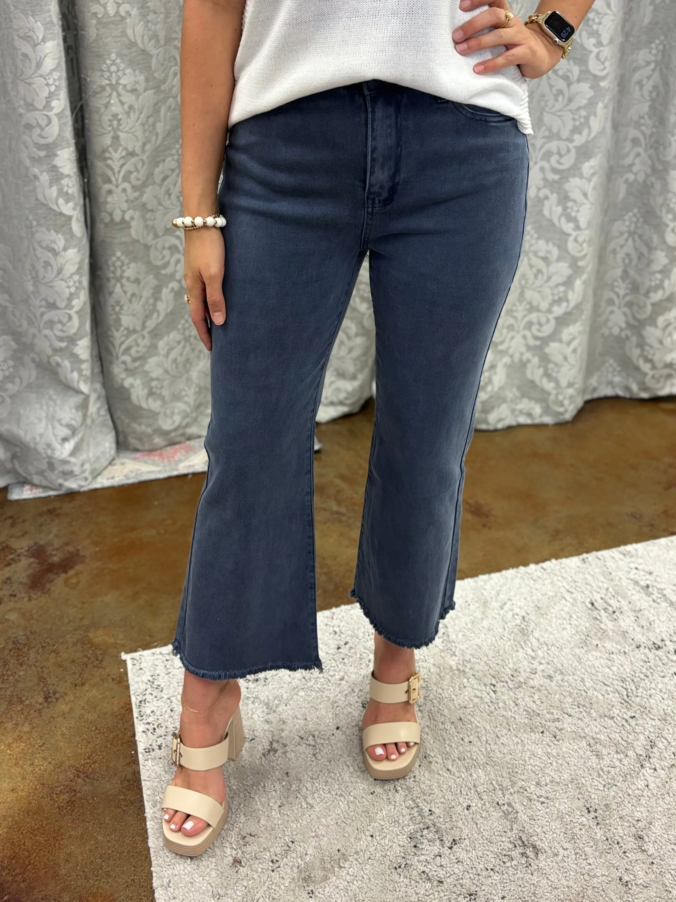 Acid Wash High Waist Frayed Hem Bootcut Pants