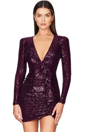 Amozae-hoco dresses -Sparkly Galaxy Long Sleeve Ruffle Deep V Sequin Mini Dress - Burgundy