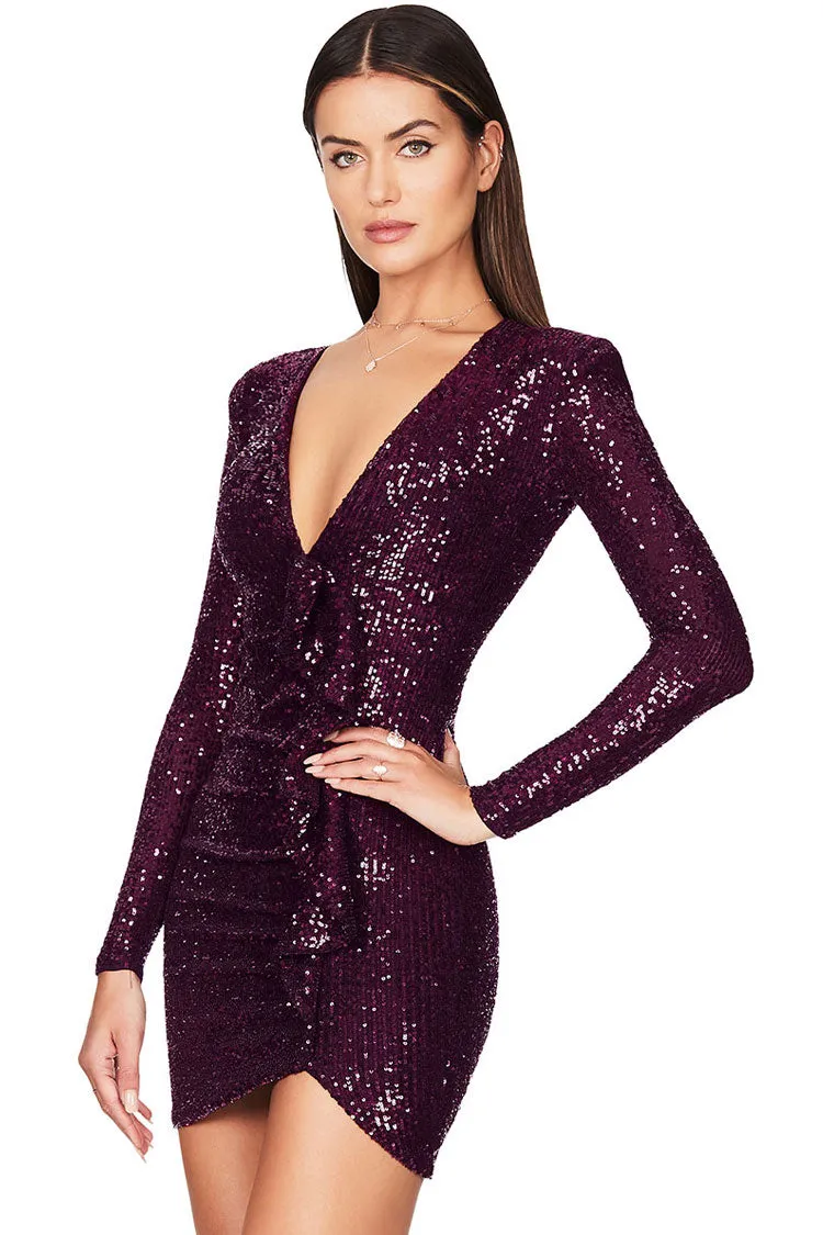 Amozae-hoco dresses -Sparkly Galaxy Long Sleeve Ruffle Deep V Sequin Mini Dress - Burgundy