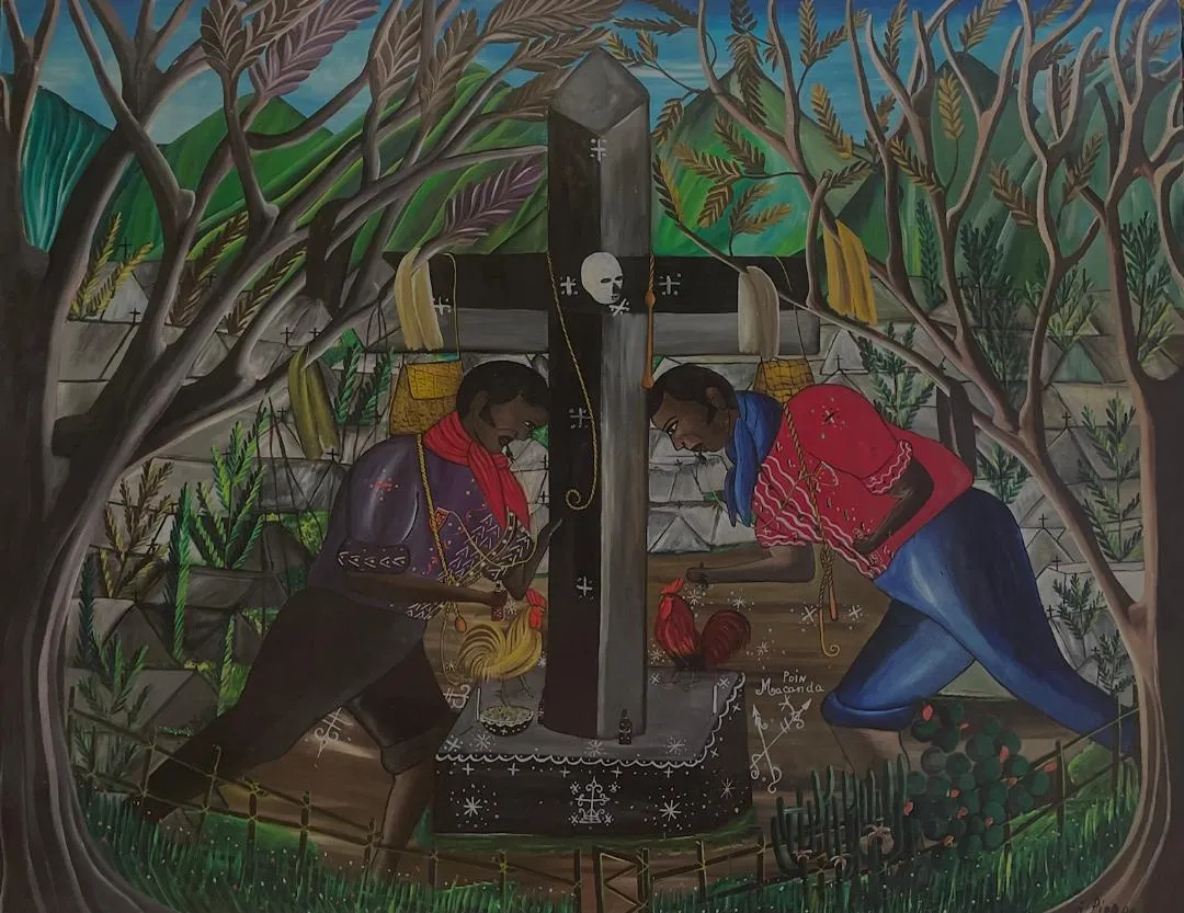 Andre Pierre (Haitian, 1914-2005) Vodou Ceremony at Cemetery Unframed Oil on Board Painting 50"h x 39"w #1GSN-NY