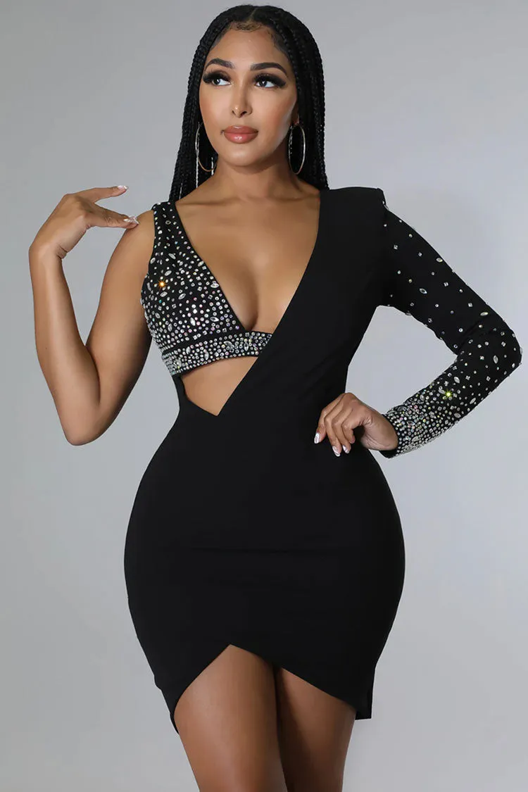 Asymmetrical Crystal Bra Long Sleeve Cutout Bodycon Party Mini Dress - Black