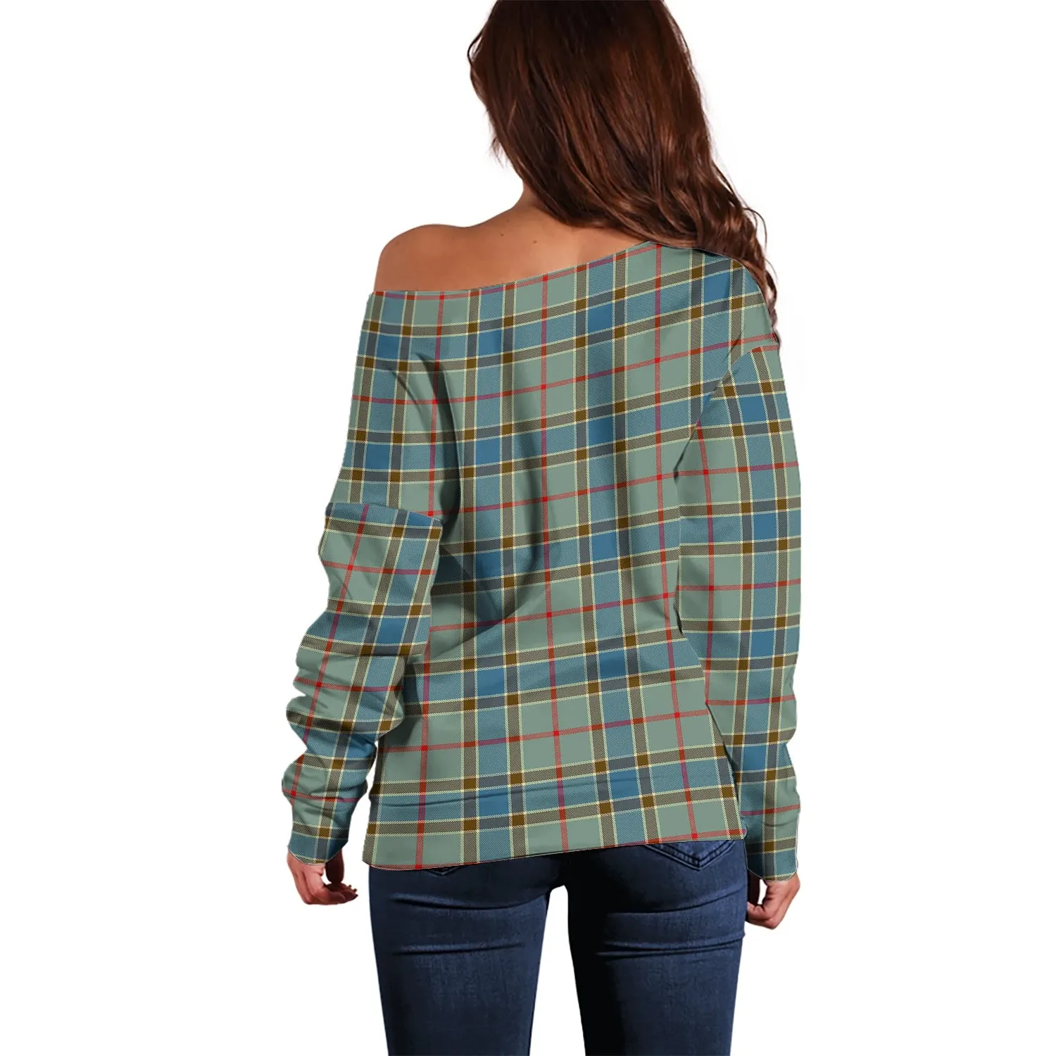 Balfour Blue Tartan Off Shoulder Women Sweater with Family Crest