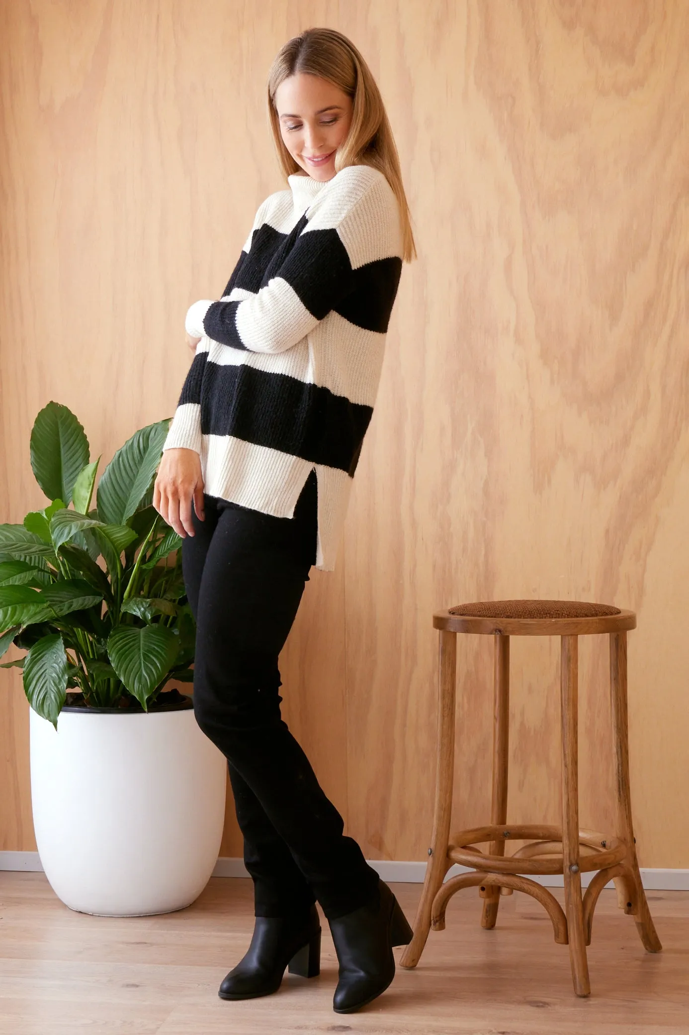 Barika Cowl Knit Top - Cream/Black Stripe