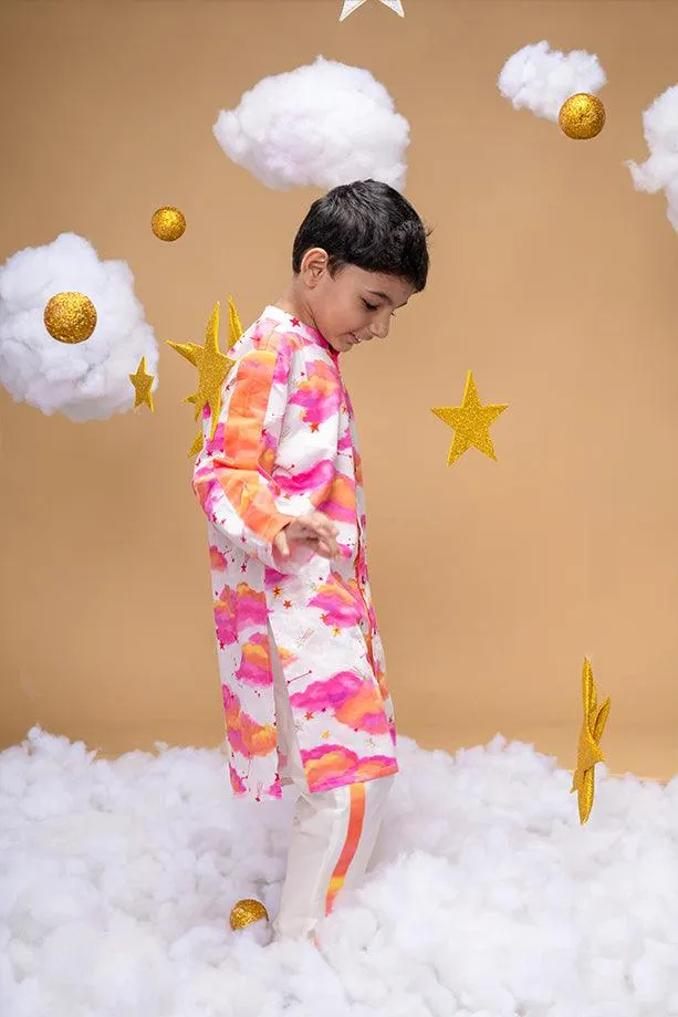 Be Your Own Sunshine Off White Printed Kurta and Off White Pants Set for Boys