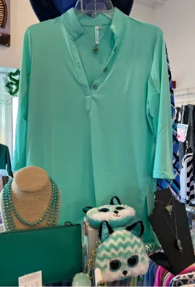 Beachtime Key Hole Tunic with a Demi Stand Up Collar, and 3/4 Sleeve Tunic with SPF50  Sun Protection