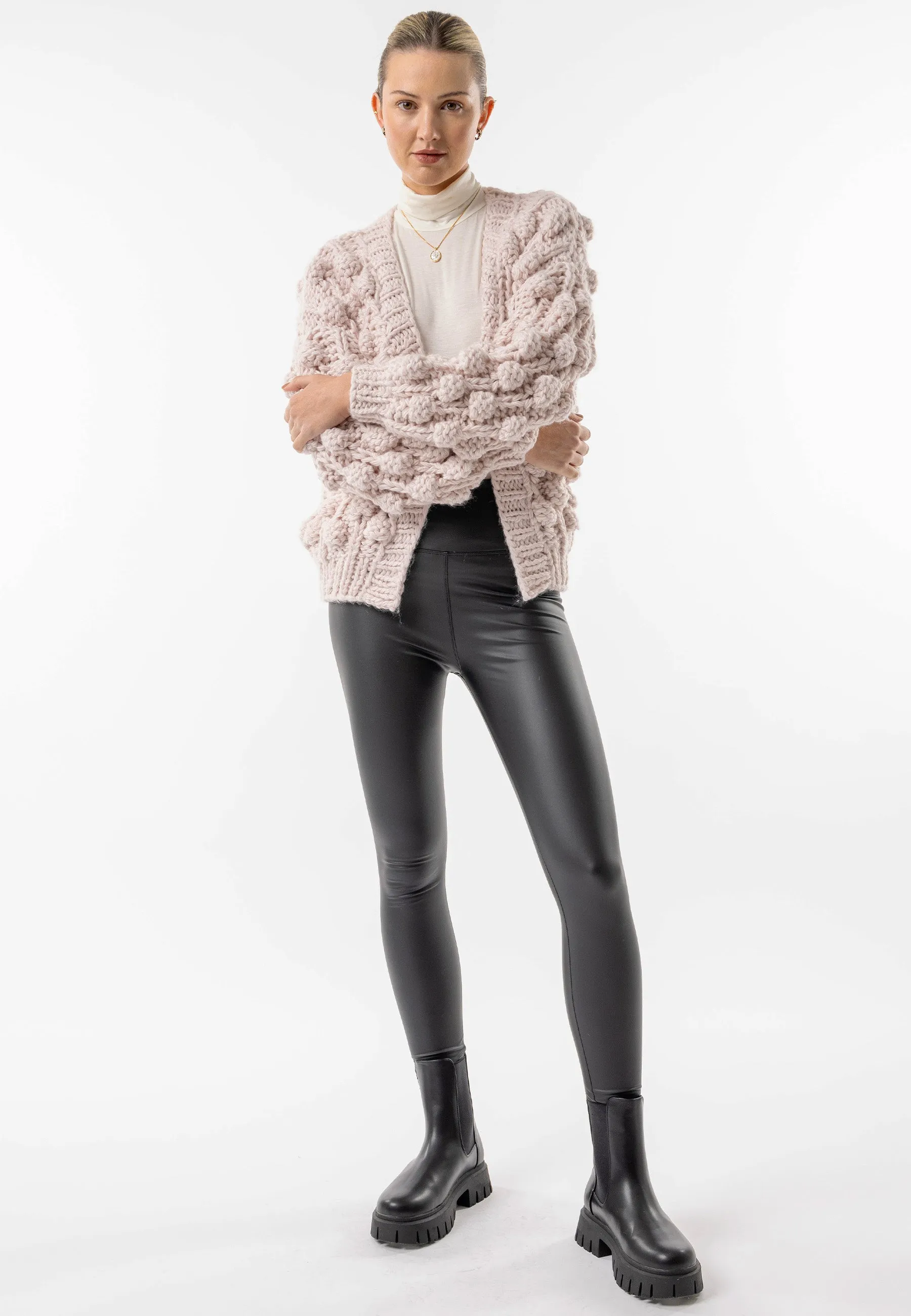 Beige Chunky Knit Cardigan with Pom Poms