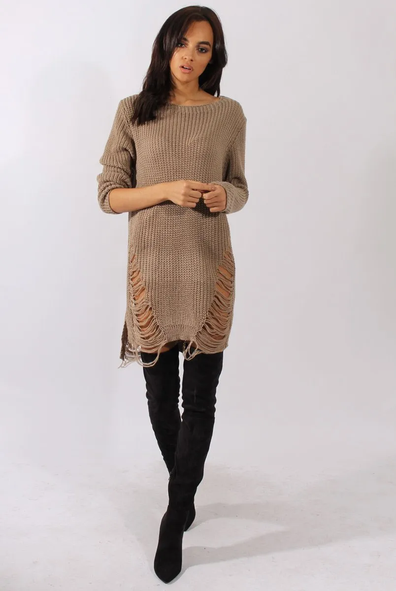 Beige Distressed Jumper Dress - Kim