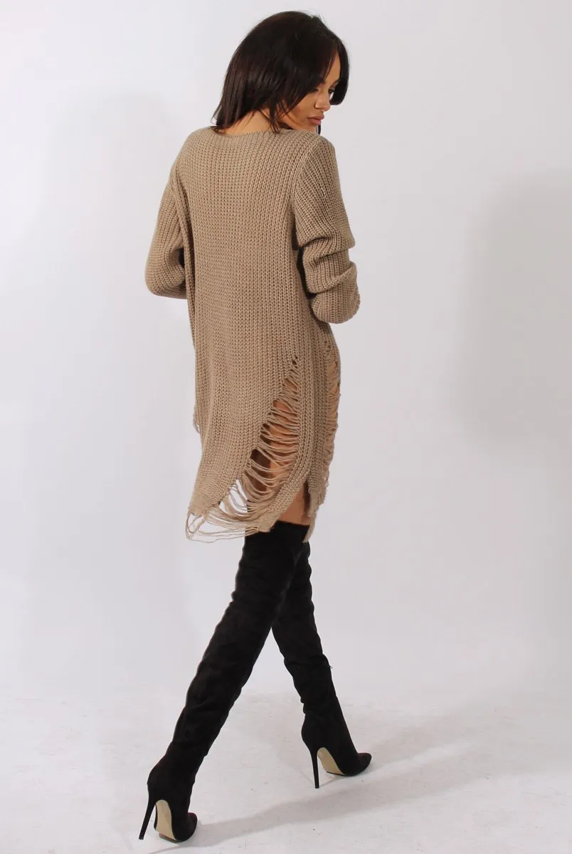 Beige Distressed Jumper Dress - Kim