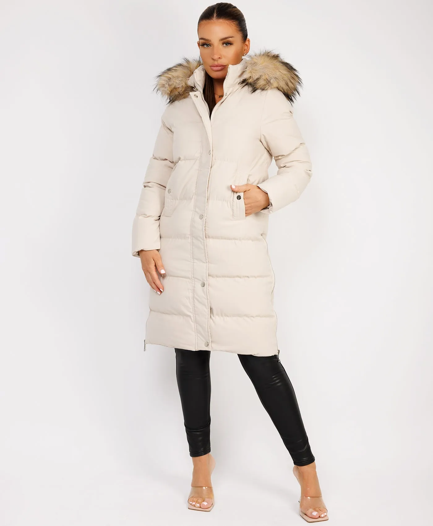 Beige Maxi Faux Fur Hood Padded Puffer Jacket