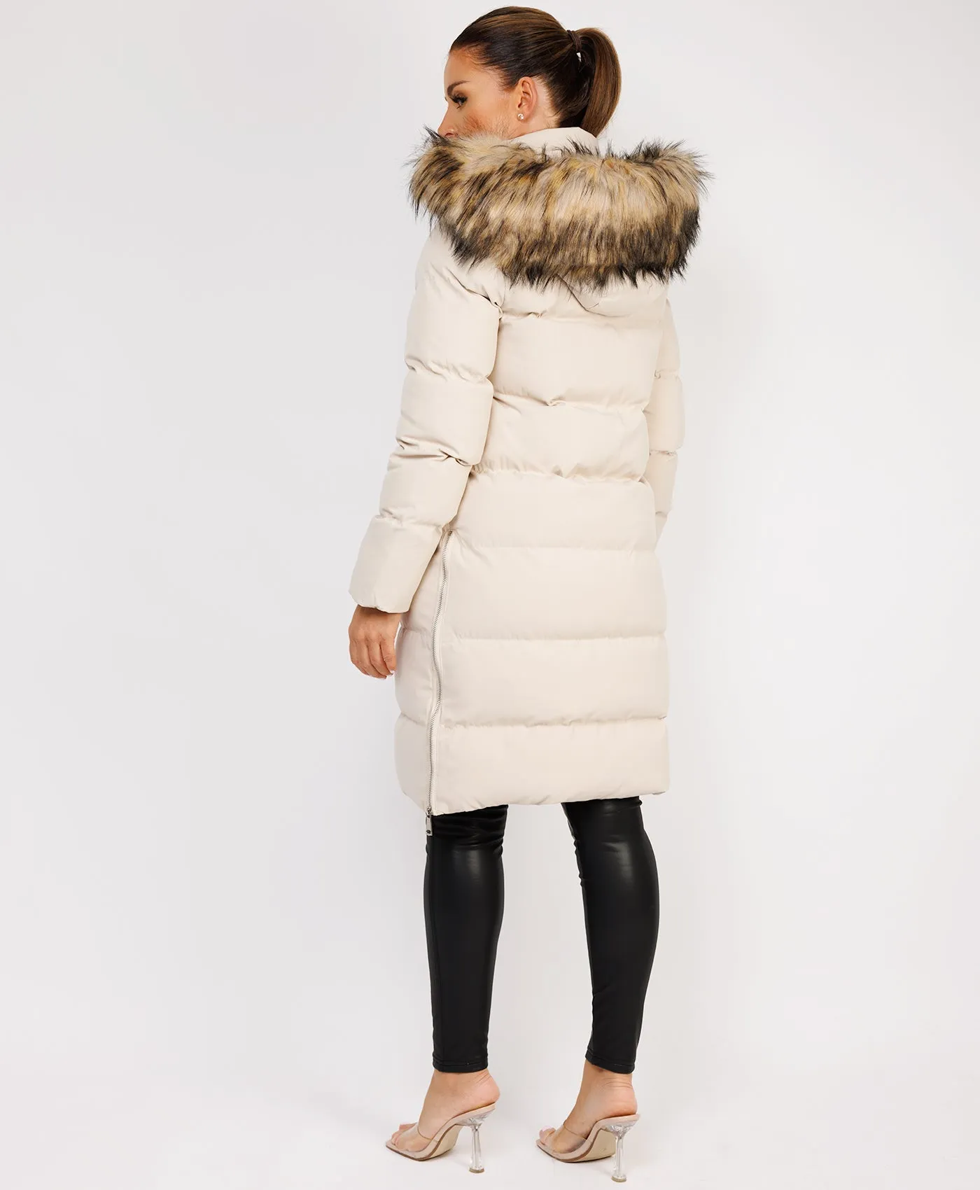 Beige Maxi Faux Fur Hood Padded Puffer Jacket