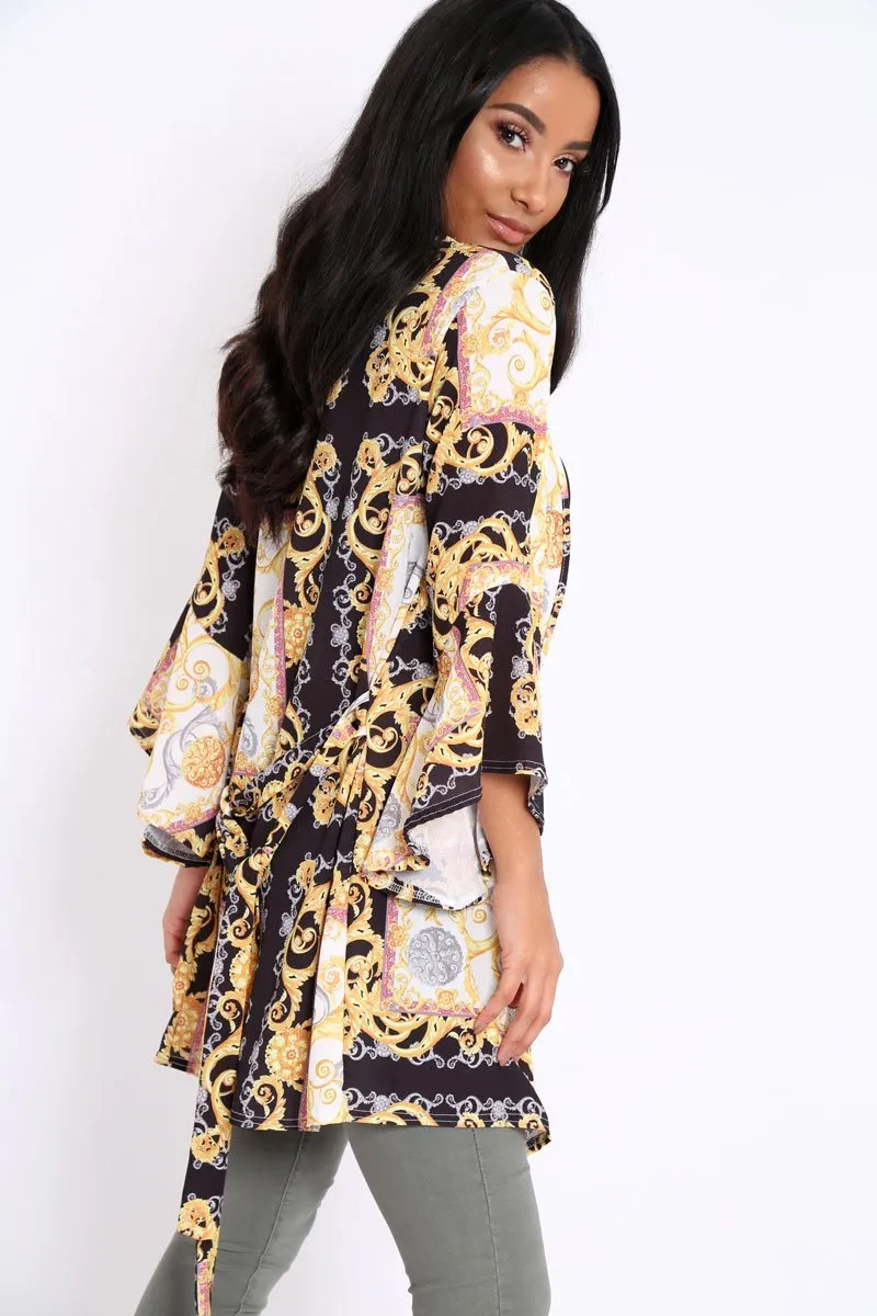 Black and Gold Scarf Print Flare Sleeves Kimono - Marley