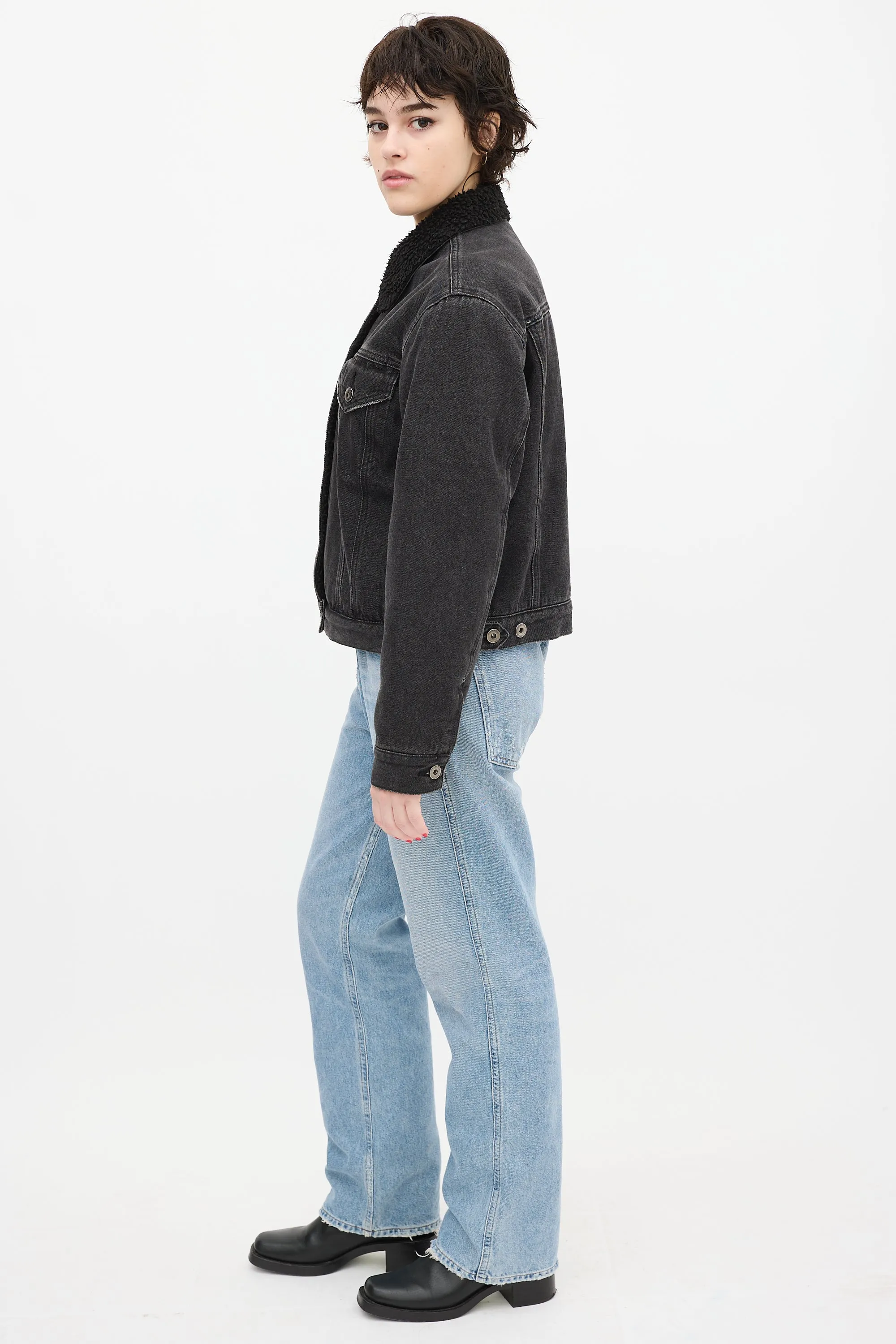 Black Denim Sherpa Trucker Jacket