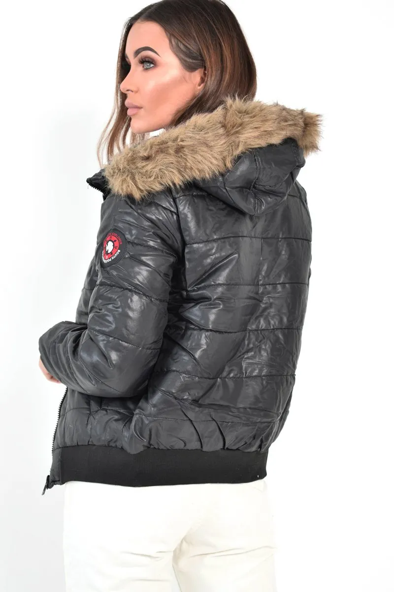 Black Faux Fur Hooded Puffer Coat - Kamorah