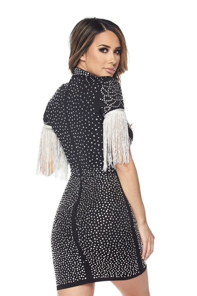 Black Fringe Rhinestone Bodycon Dress