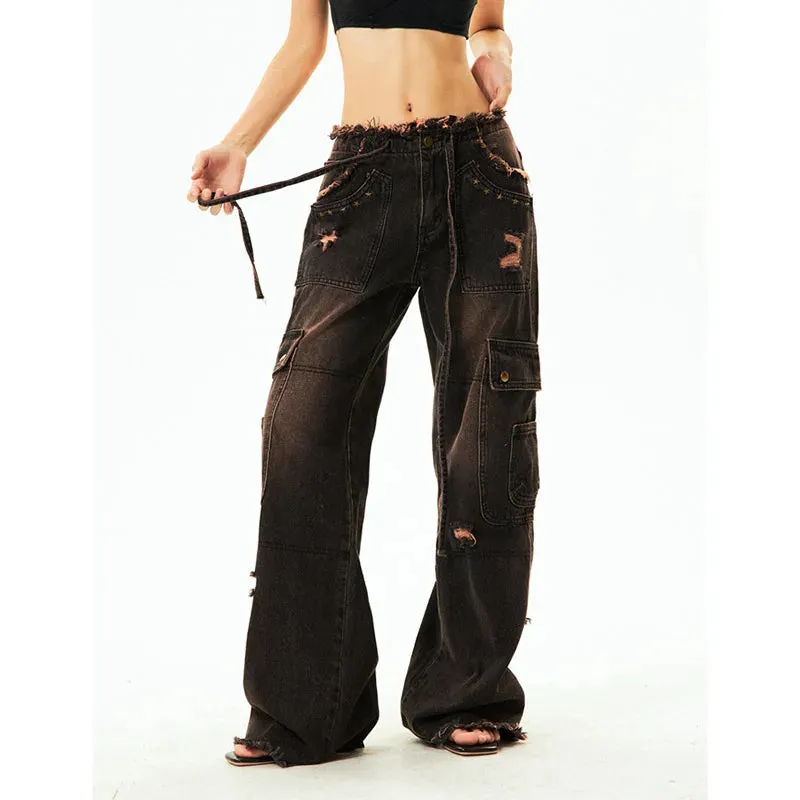 Black Gothic High Waist Denim Pants for Women