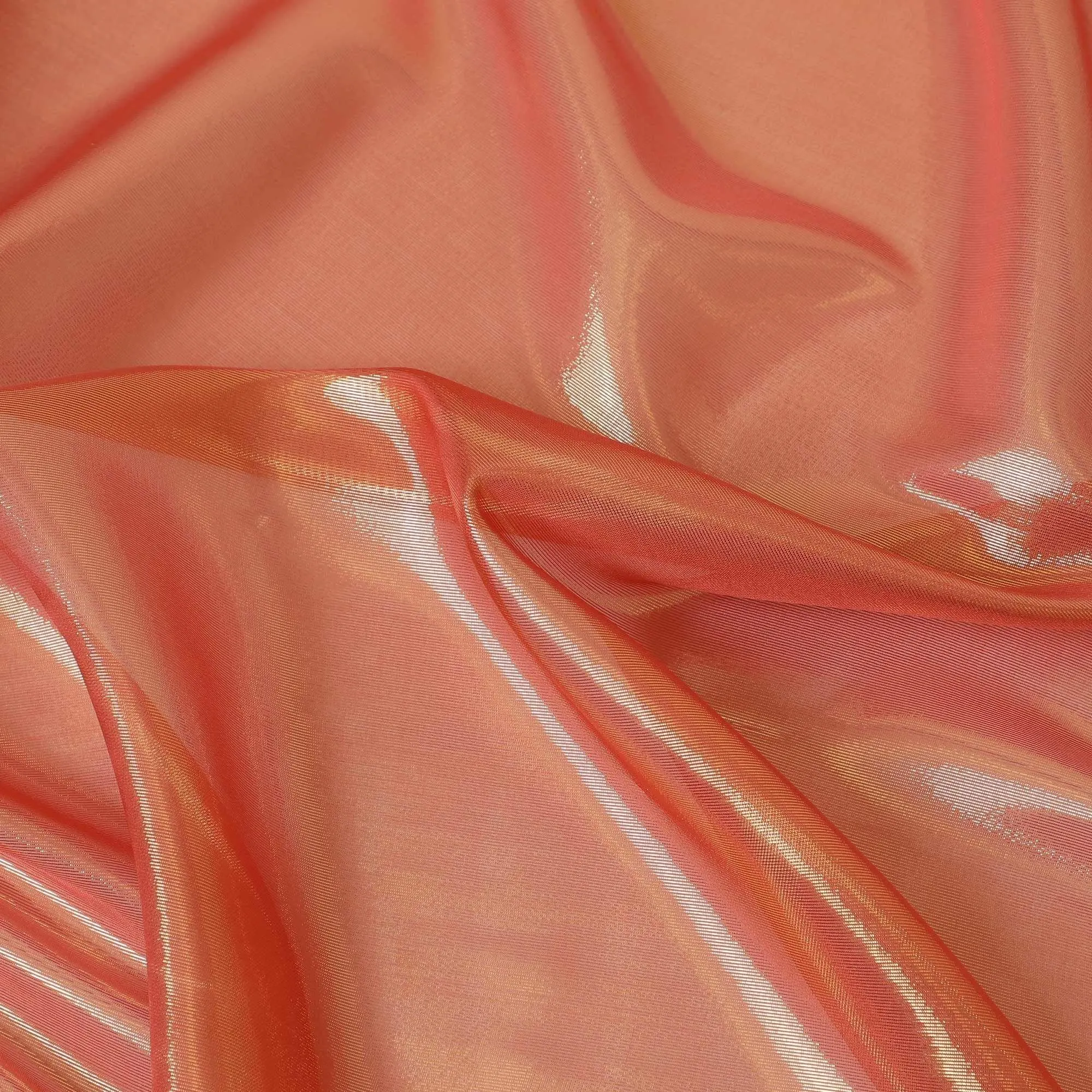 Blaze orange pure silk chiffon with golden metallic lurex in stripe design-D9229