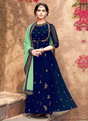 Blue Embroidered Koti Style Anarkali Suit