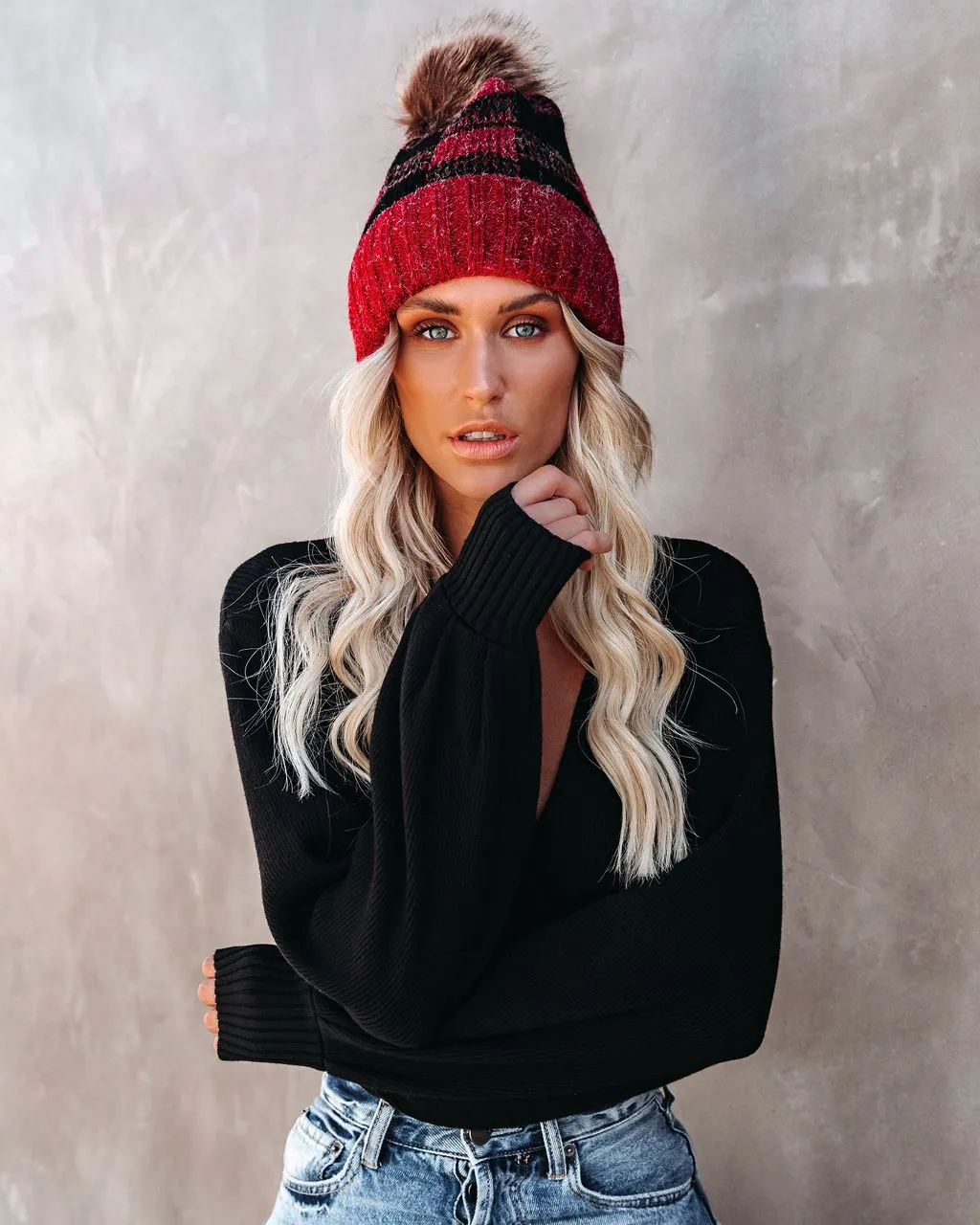 Bonfire Plaid Pom Beanie - Red