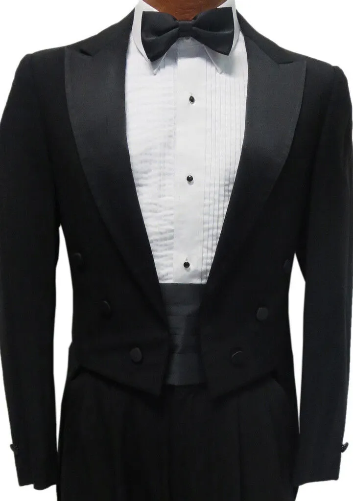 Boys Black Wool 6 Button Satin Peak Lapel Tailcoat