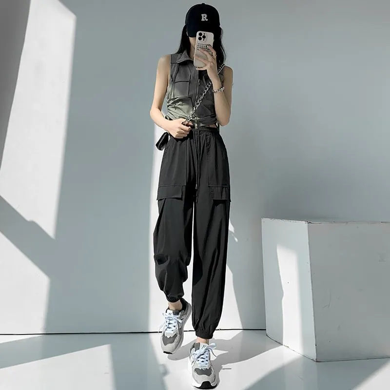 Breathable Quick-Drying Drawstring Waist High-Waisted Harem Thin Draping Tapered Cargo Pants