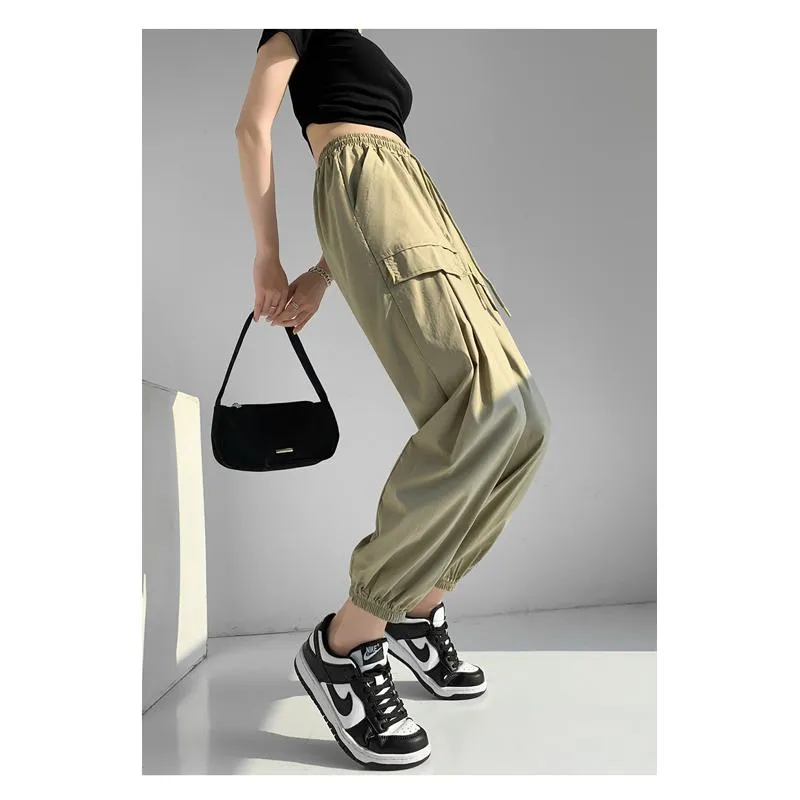 Breathable Quick-Drying Drawstring Waist High-Waisted Harem Thin Draping Tapered Cargo Pants