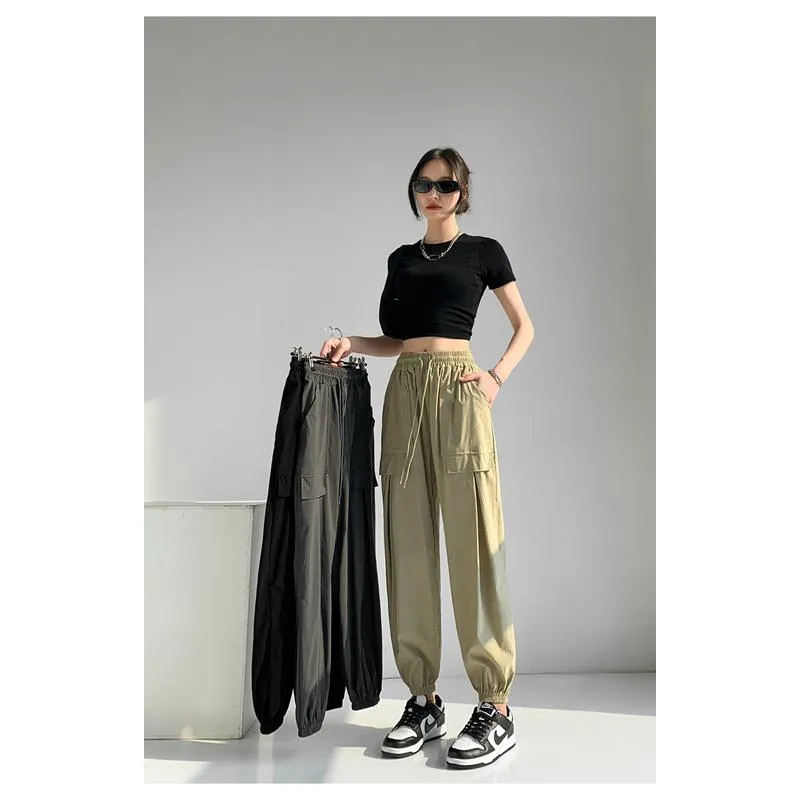 Breathable Quick-Drying Drawstring Waist High-Waisted Harem Thin Draping Tapered Cargo Pants