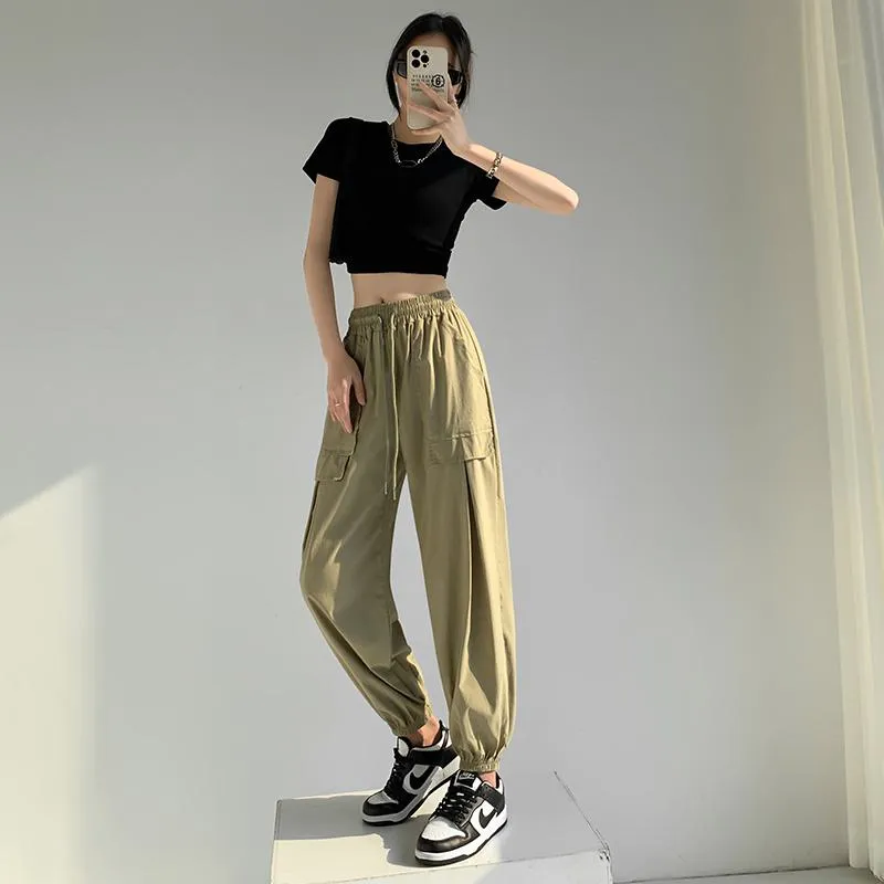 Breathable Quick-Drying Drawstring Waist High-Waisted Harem Thin Draping Tapered Cargo Pants