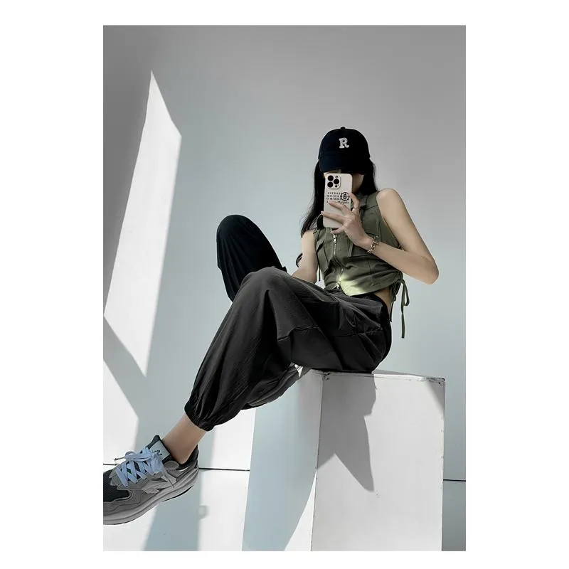 Breathable Quick-Drying Drawstring Waist High-Waisted Harem Thin Draping Tapered Cargo Pants