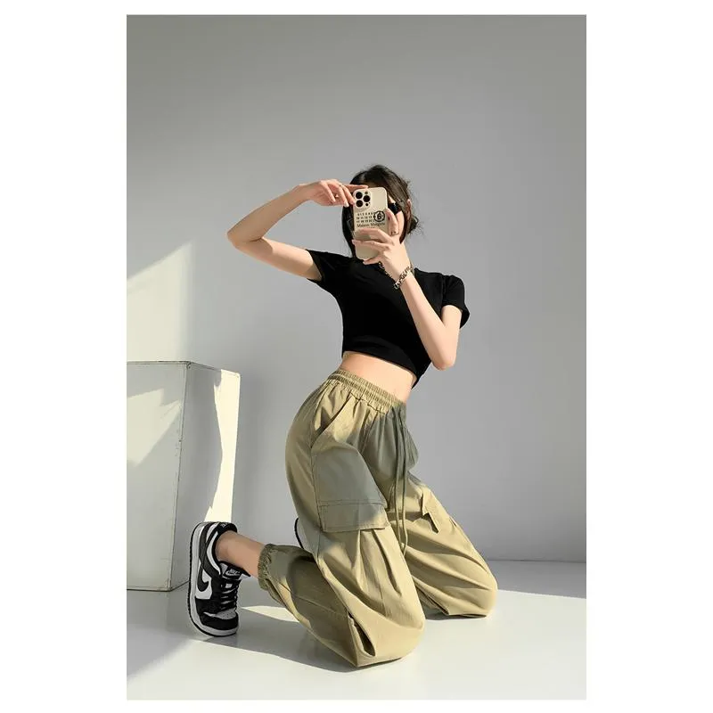 Breathable Quick-Drying Drawstring Waist High-Waisted Harem Thin Draping Tapered Cargo Pants