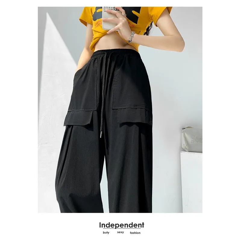 Breathable Quick-Drying Drawstring Waist High-Waisted Harem Thin Draping Tapered Cargo Pants