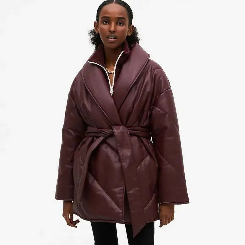 Brown Faux Leather Belted Puffer Jacket