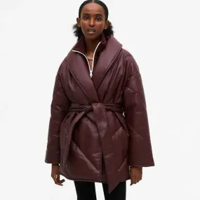 Brown Faux Leather Belted Puffer Jacket