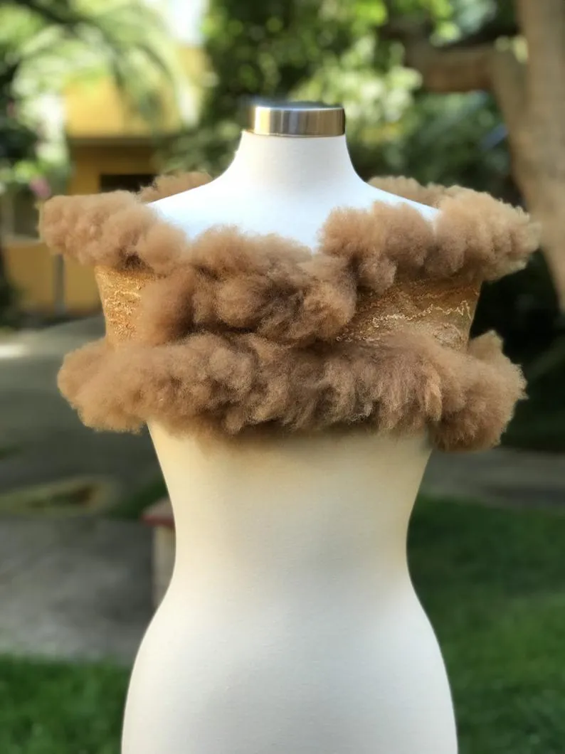 Brown Felted Scarf with Alpaca Curls, Women Merino Wool Stove, Felted Neck Warmer, Fall Bohemian Scarf, Chic Scarf, Stylish Scarf