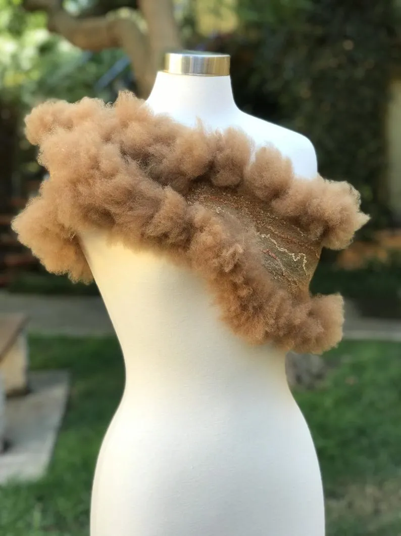 Brown Felted Scarf with Alpaca Curls, Women Merino Wool Stove, Felted Neck Warmer, Fall Bohemian Scarf, Chic Scarf, Stylish Scarf