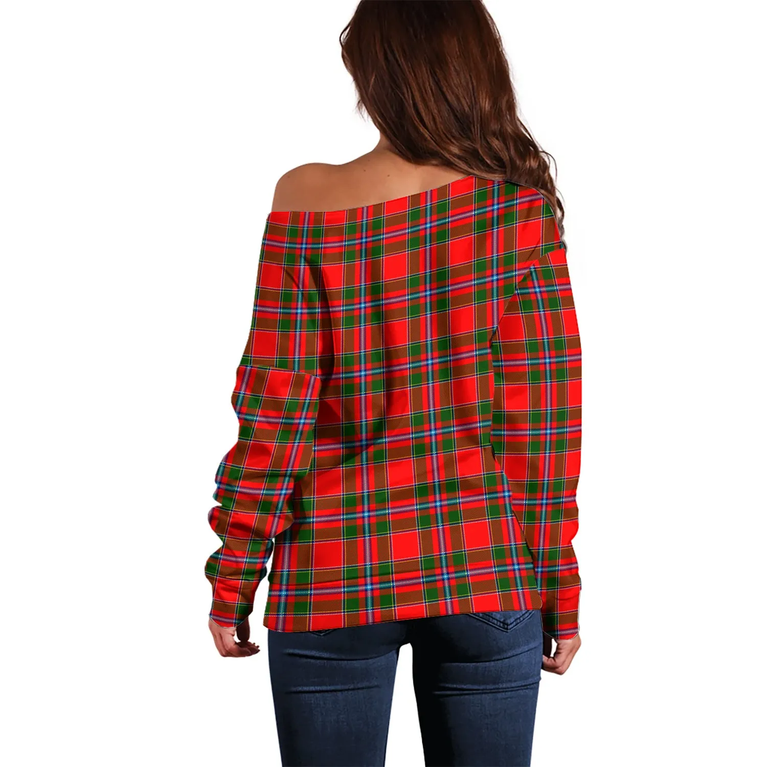 Butter Tartan Off Shoulder Women Sweater with Family Crest