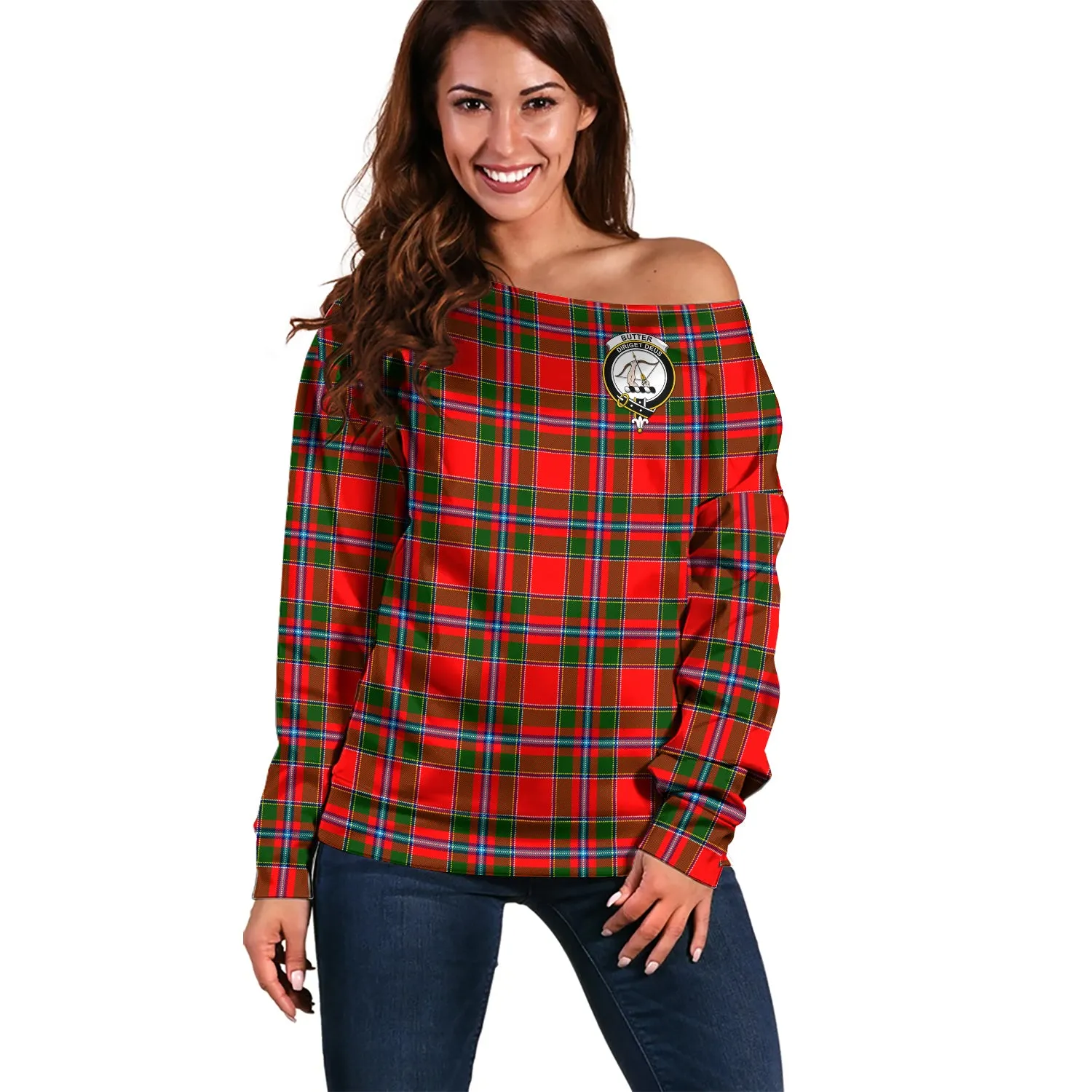 Butter Tartan Off Shoulder Women Sweater with Family Crest