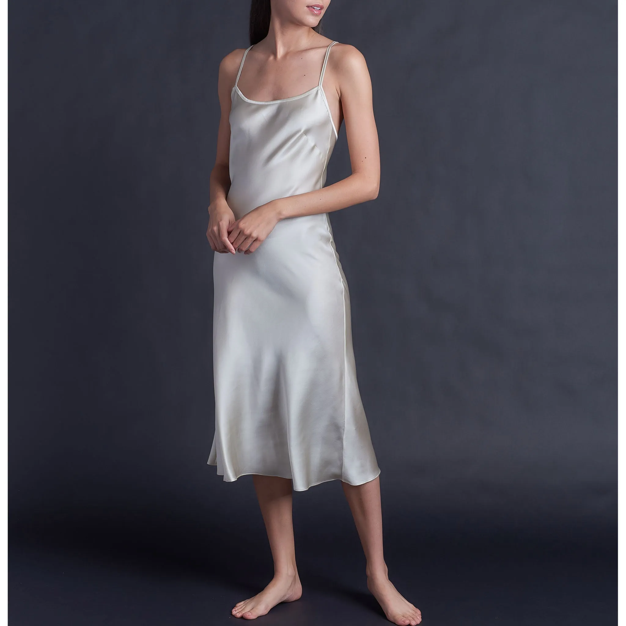 Celeste Tea Length Slip Dress in Pearl Stretch Silk Charmeuse