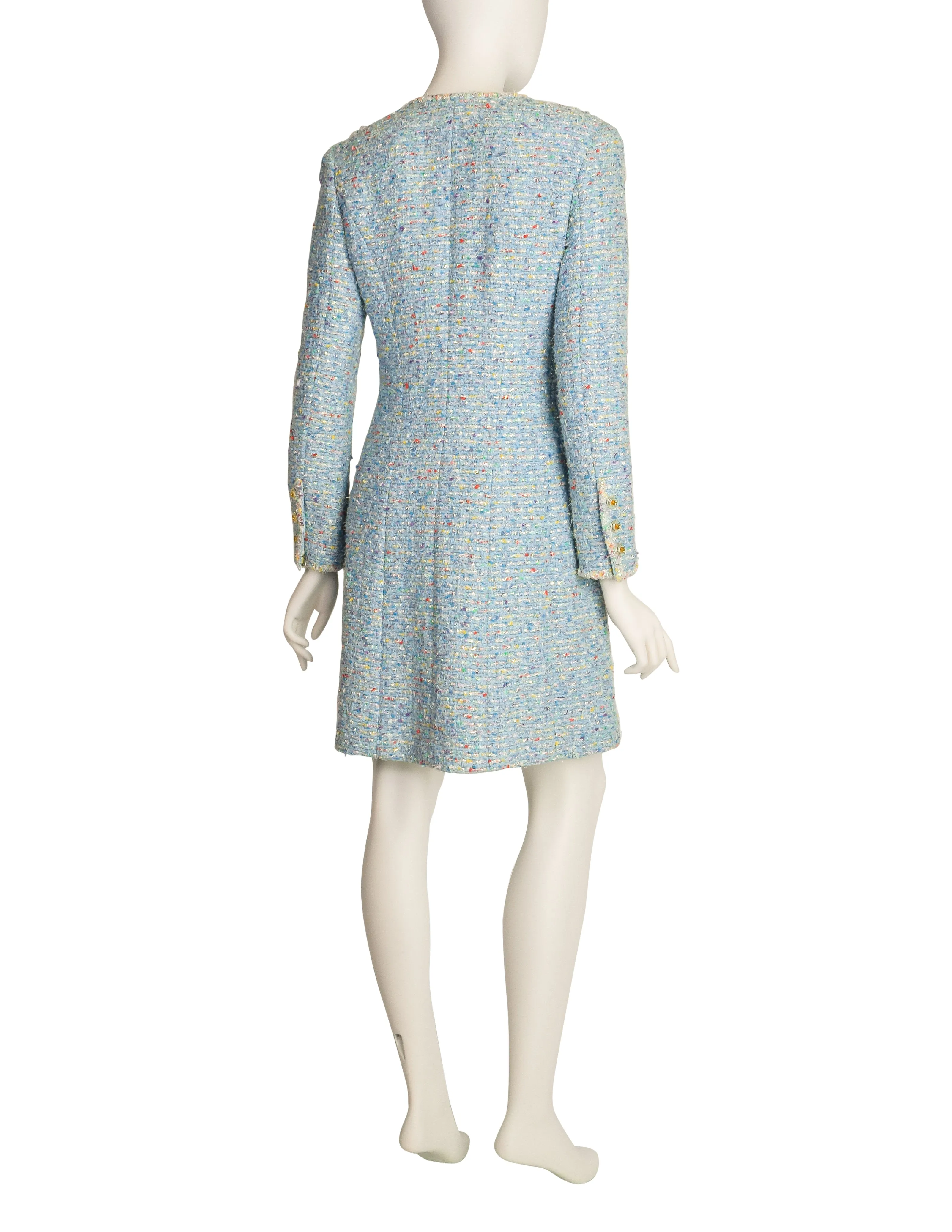 Chanel Vintage 1997 Baby Blue Pastel Camellia Print Silk Dress and Rainbow Boucle Coat Set